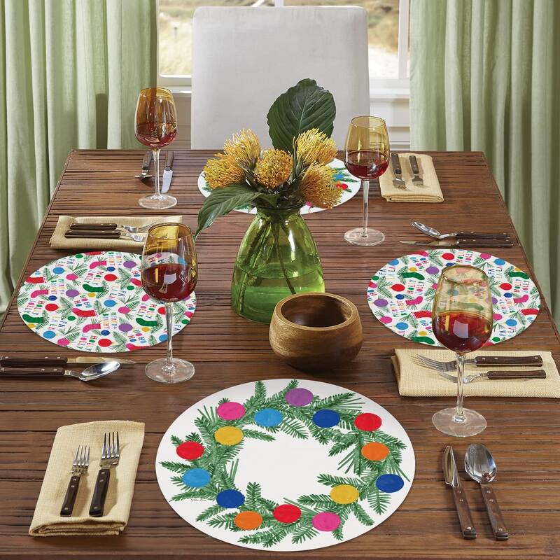 Colorful Christmas Reversible Round Easy Care Flexible Plastic Placemat 4 Pack Made in The USA