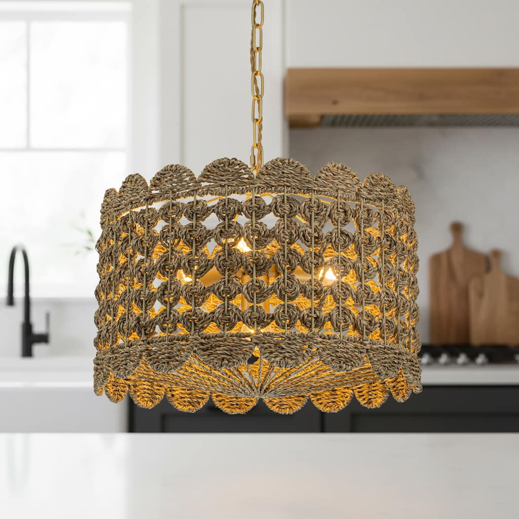 Riva Natural 4-Light Seagrass Scalloped Pendant, Coastal Boho - Handwoven - 18" Wide