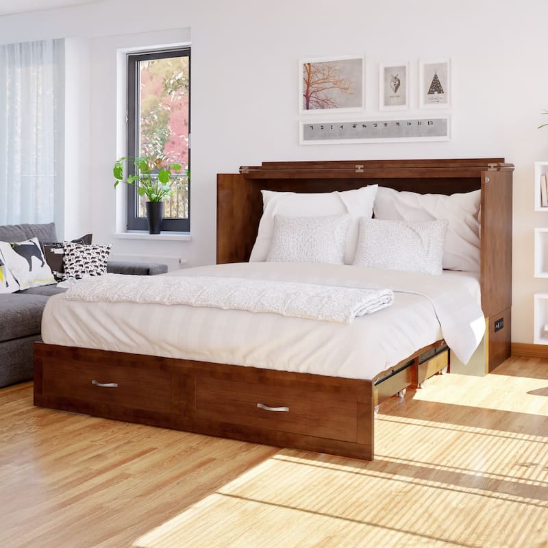 Hamilton Queen Murphy Bed Chest with 6" Mattress, Storage Drawer & Built-In Charger in Walnut