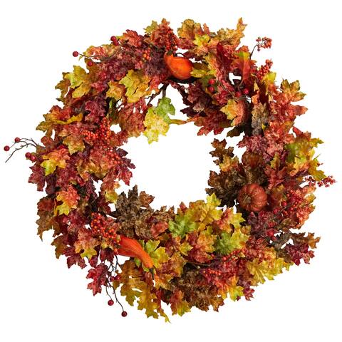 32" Autumn Oak Leaf, Berries and Pumpkin Artificial Autumn Wreath - 32
