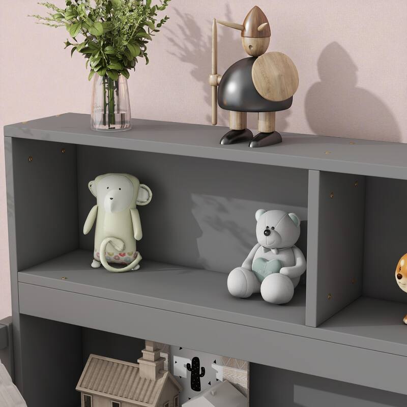 Twin/Full Size Wooden Floor Bed with Bedside Bookcase and Shelves, Low Platform Bed with Guardrails