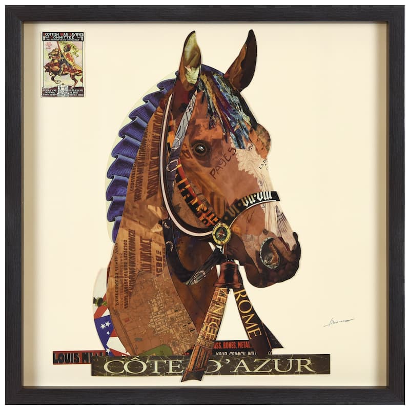 "Graceful Gallop" Alex Zeng's Signed Hand-made Dimensional Wall Art Collage, under glass and a black shadow box frame
