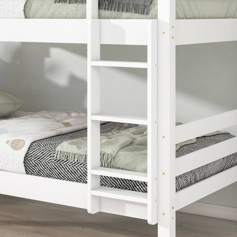 White Twin Size Solid Wood Detachable Bunk Beds with Bookcase Headboard