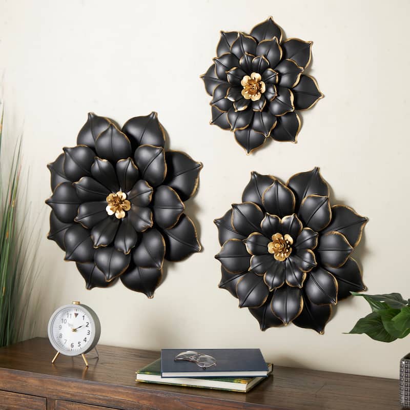 Metal Floral 3D Wall Decor with Gold Center - Set of 3 Black - Roche River Decor