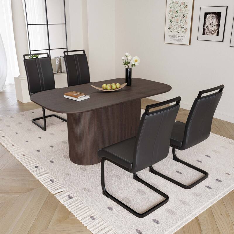 5-Piece Modern Dining Table Set, Kitchen Table Set with 4 Armless Leather Chairs & C-shaped Base for Dining Room