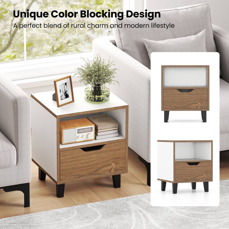Gymax 2PCS Nightstand Mid Century Modern Bedside Table w/ Drawer Open