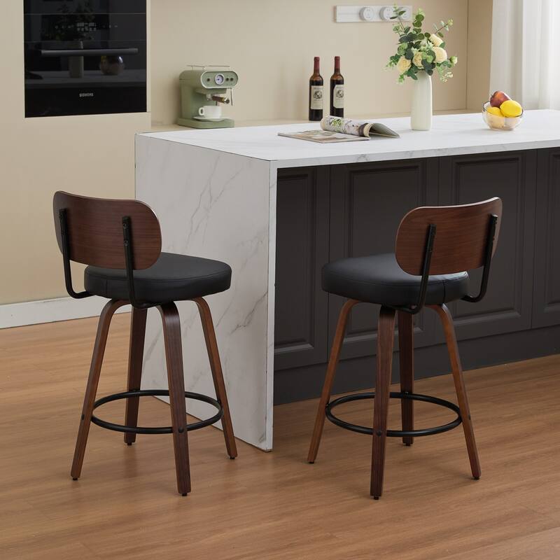 Mid Century Modern Swivel Bar Stools Set of 2, Upholstered Faux Leather Counter Height Bar Chairs with Back & Footrest