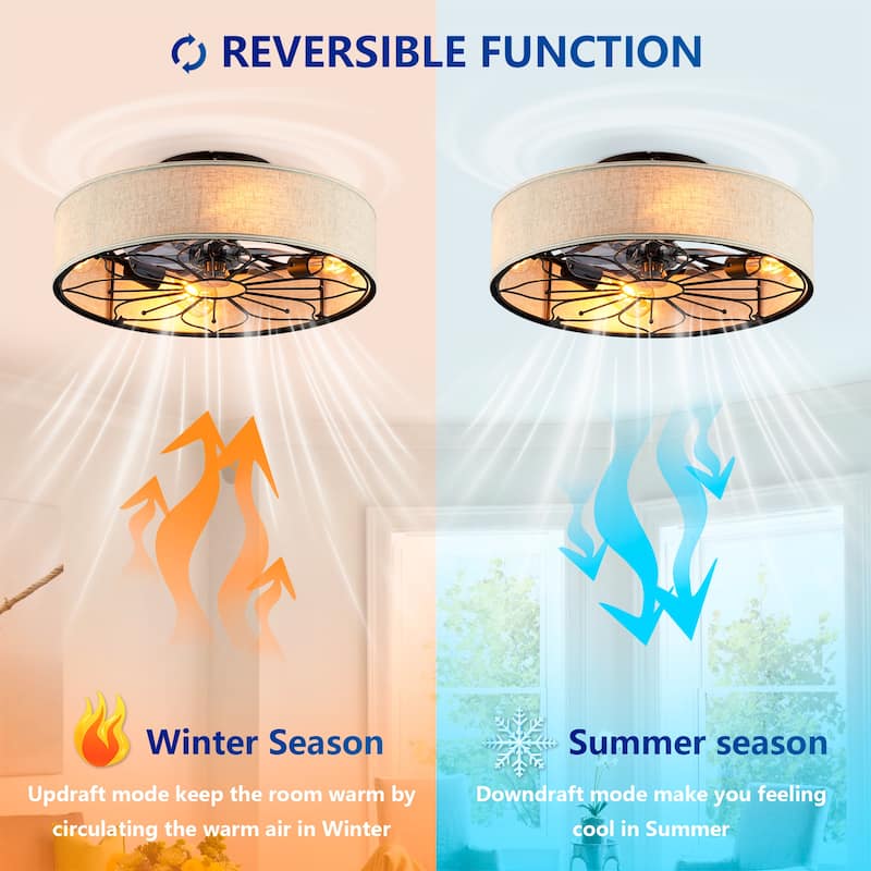 20" Lotus Design Fabric Farmhouse Bladeless Ceiling fan With Remote Control For Living room, Bedroom,Kitchen