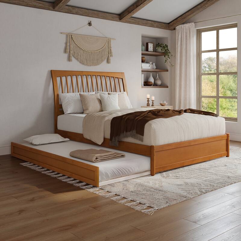 Roslyn Platform Bed with Modern Panel Footboard and Twin XL Trundle - Light Toffee - Queen