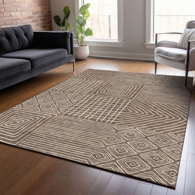 Machine Washable Indoor/ Outdoor Modern Mosaic Chantille Rug - Brown - 9' x 12'
