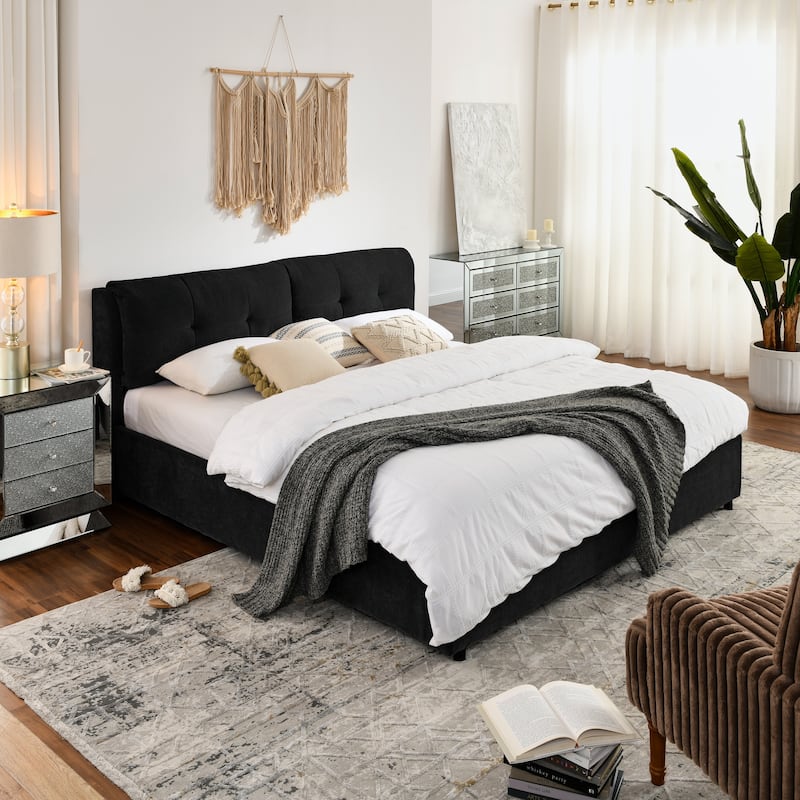 King Size Chenille Upholstered Low Platform Bed with Hydraulic Storage
