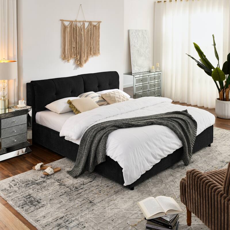 Roomfitters Queen/King Storage Upholstered Hydraulic Platform Bed with Integrated Headboard, Chenille Fabric