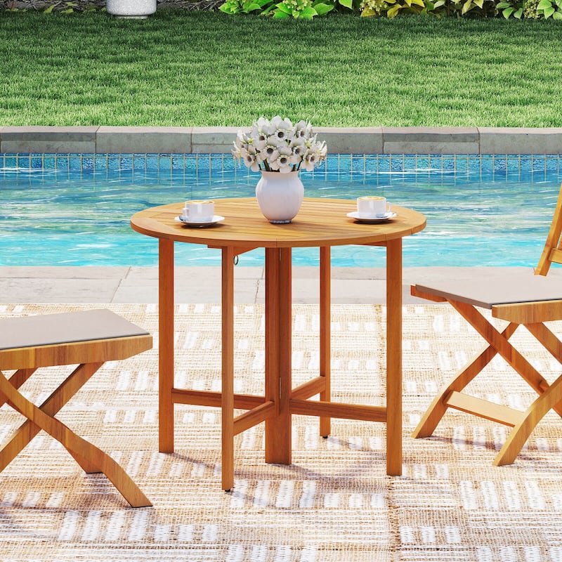 Costway 36" Outdoor Folding Round Dining Table with Slatted Tabletop - Teak - See Details