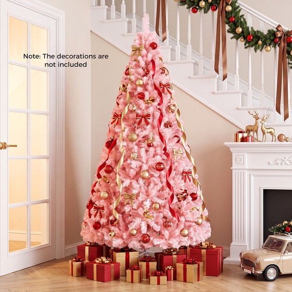 Gymax 6ft/ 7ft Pink Classic Pine Christmas Tree Artificial Hinged
