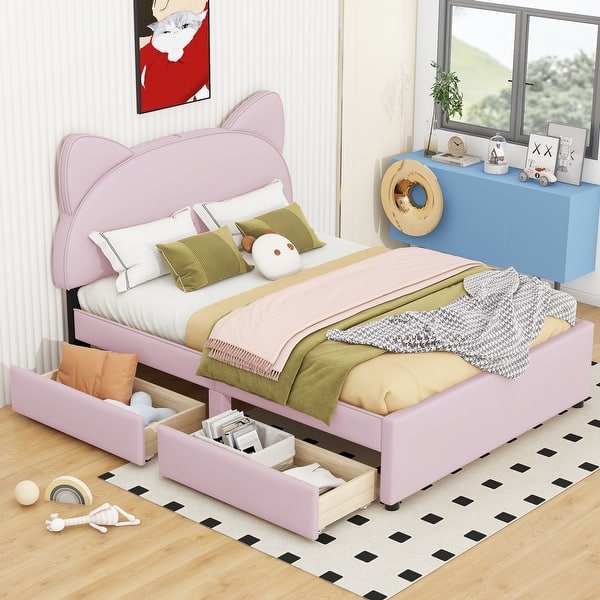 slide 2 of 8, Full Size Upholstered Platform Bed with Cartoon Ears Shaped Headboard and 2 Drawers,Pink