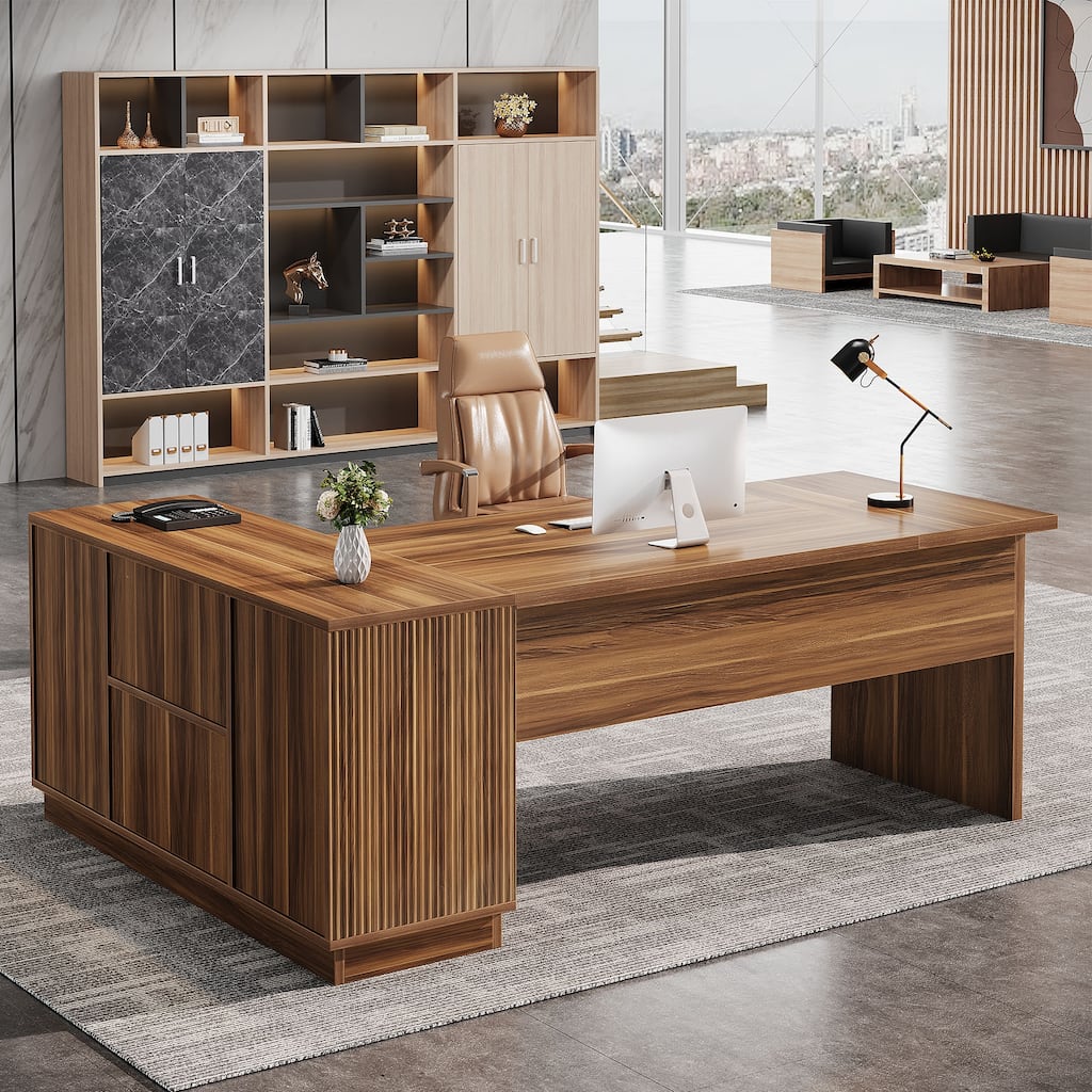 70.87-Executive Desk with File Cabinet, L-Shaped Computer Desk for Home Office