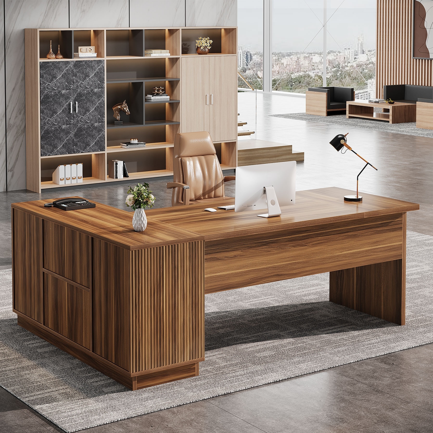 70.87-Executive Desk with File Cabinet, L-Shaped Computer Desk for Home Office