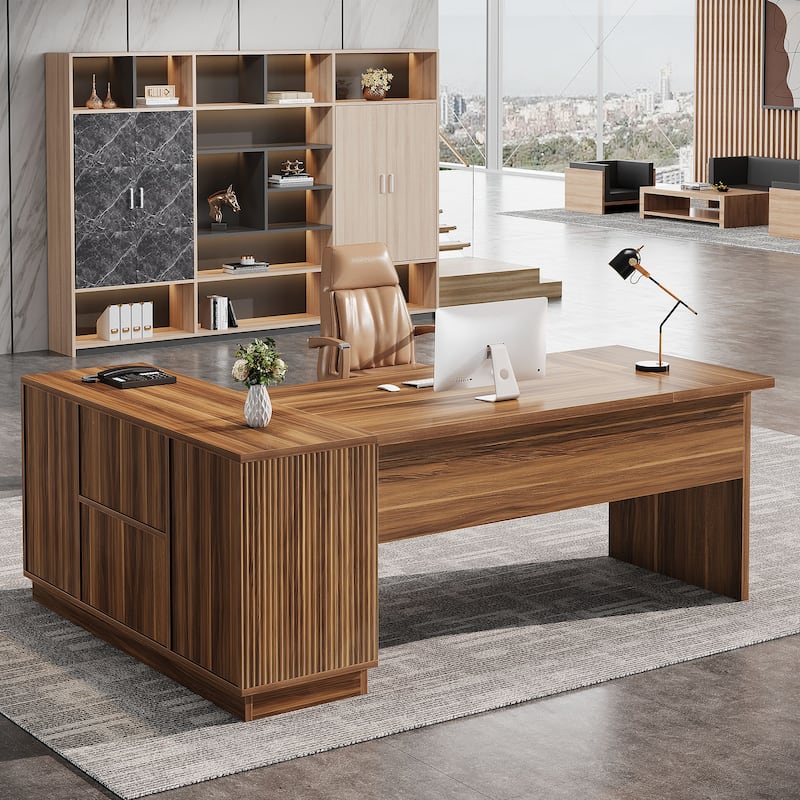 70.87-Inch L-Shaped Executive Desk with File Cabinet and Shelves, Large Computer Desk for Home Office