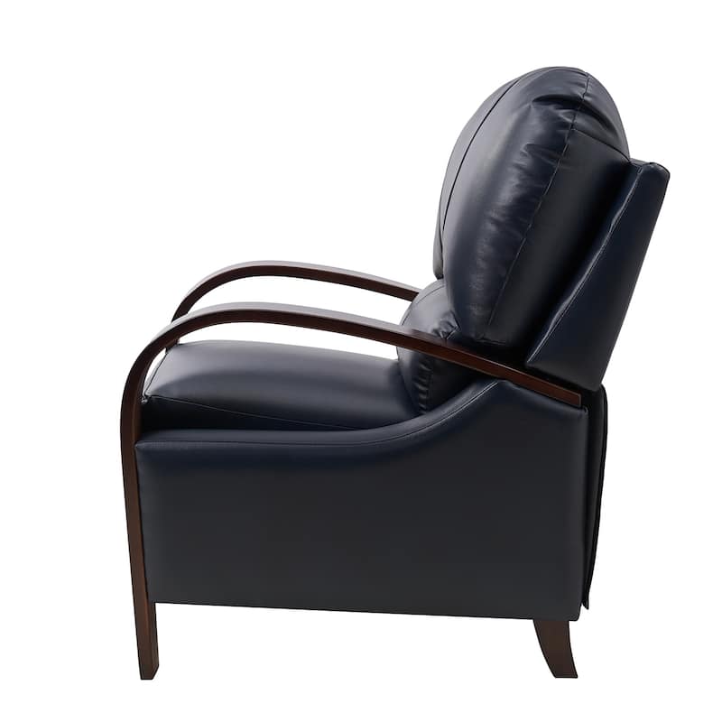 Alex Mid-century Modern Genuine Leather Manual Recliner with Wooden Curved Arms