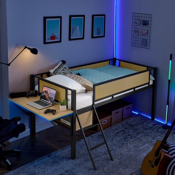 slide 2 of 9, Twin Size Loft Bed with Rectangular Desk and Lamp Black