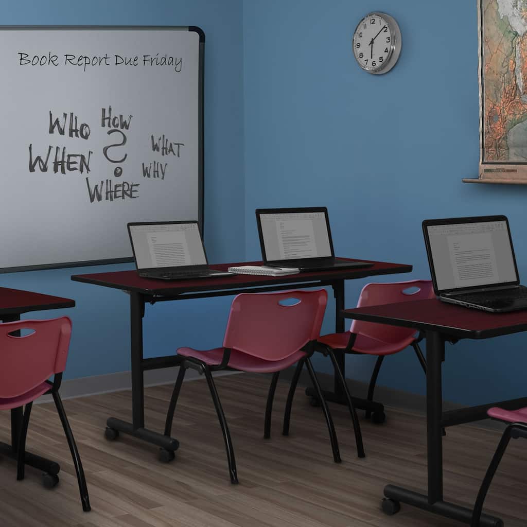 60" x 30" Flip Top Mobile Training Table- Mahogany and 2 "M" Stack Chairs- Burgundy