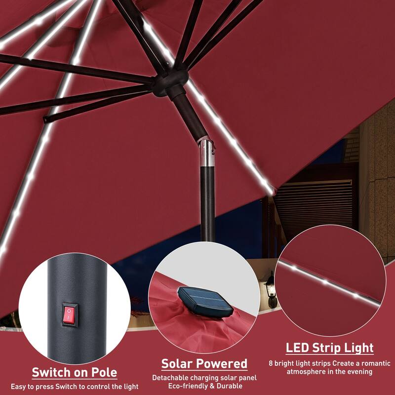 Ainfox 10ft Solar Patio Umbrella 40 LED Lighted and Umbrella Base, Strip Lights Outdoor Market Table Umbrella