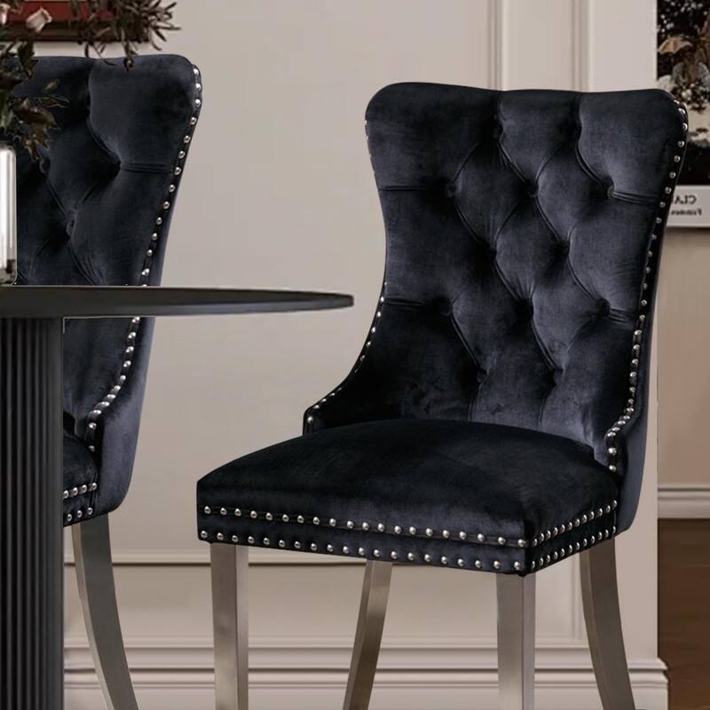 Tufted Naliheads Solid Wood Upholstered Dining Chairs (Set of 2) - Black SliverLegs