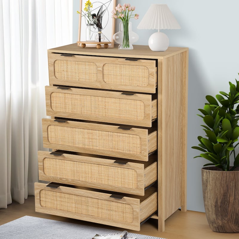 Wooden Rattan 5-Drawer Storage Cabinet Dresser