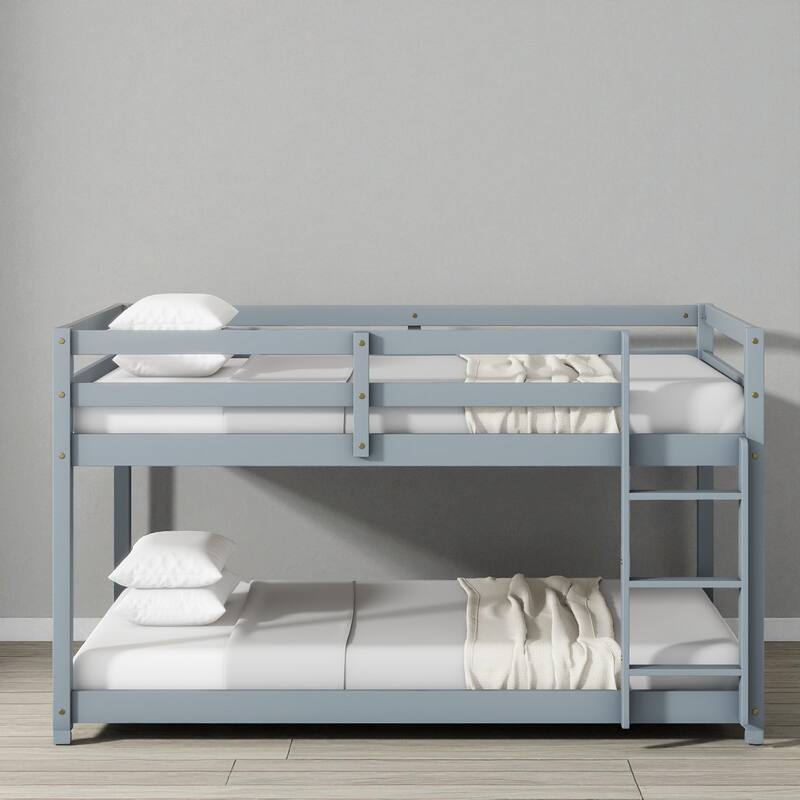 Solid Rubber Wood Twin Over Twin Floor Bunk Bed with Ladder, Low Height Design and Strengthened Slat Support