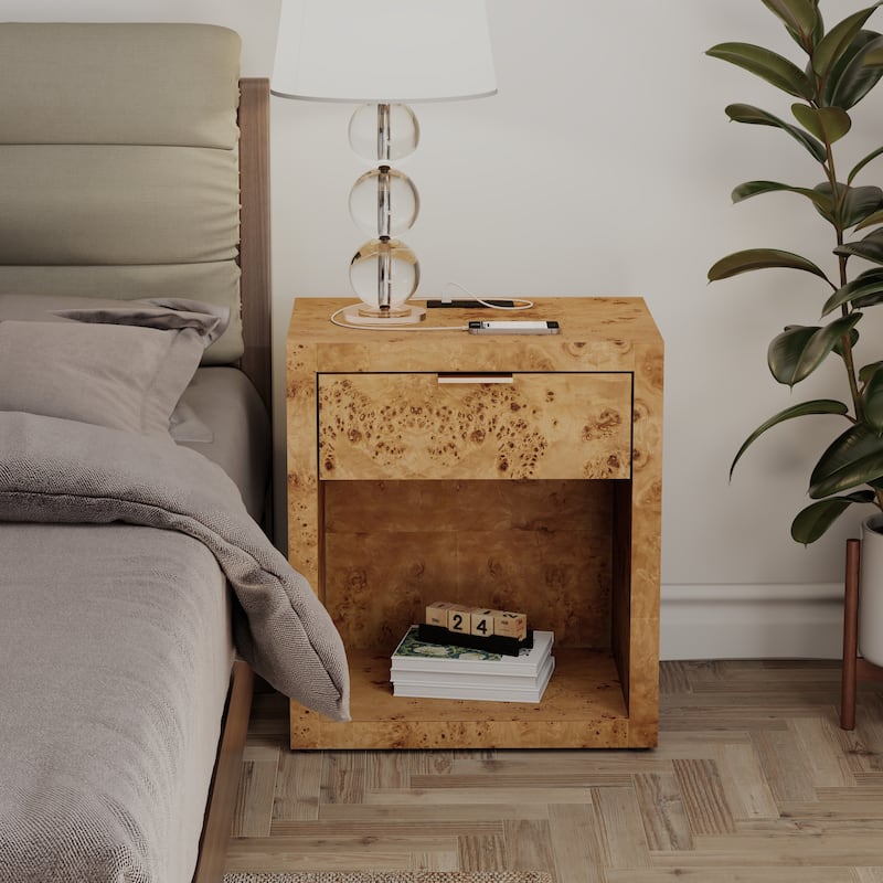 COZAYH Burl Finish Nightstand, Rustic Farmhouse Dresser, Vintage Accent Wood Storage Bedside Table, Fully Assembled