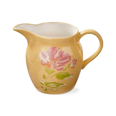 Bloom & Blossom Pink Flower Small Yellow Earthenware Water Beverage Pitcher, 36 oz