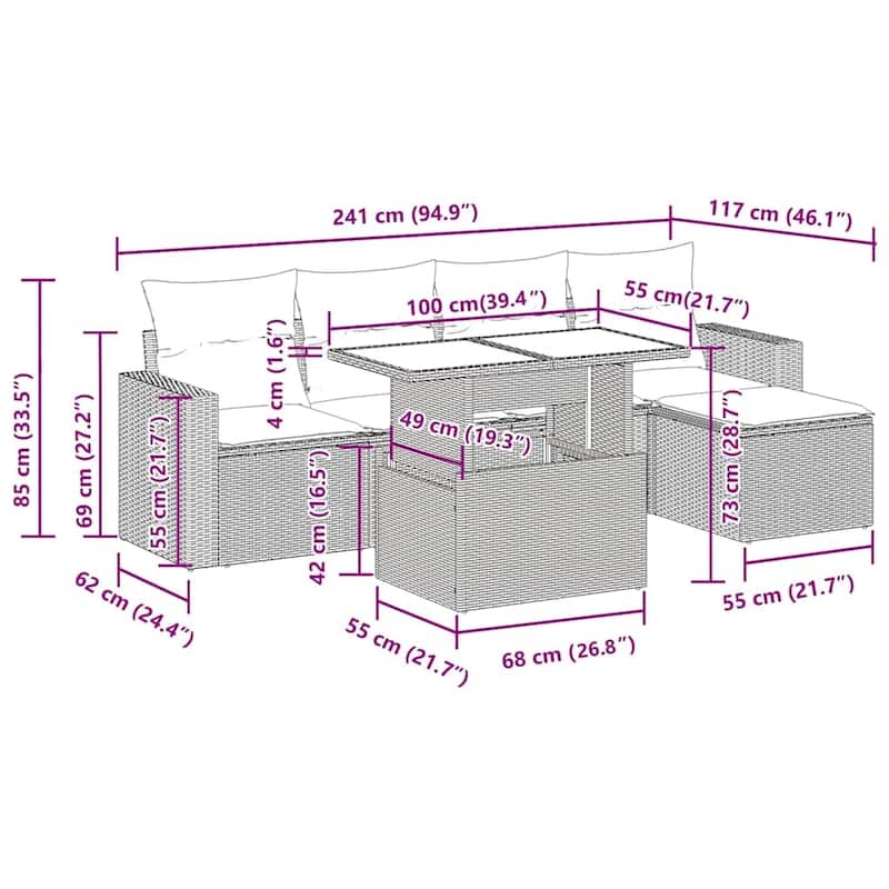 vidaXL Patio Sofa Set with Cushions Outdoor Furniture 6 Piece Poly Rattan - 21.7 x 39.4 x 28.7 in