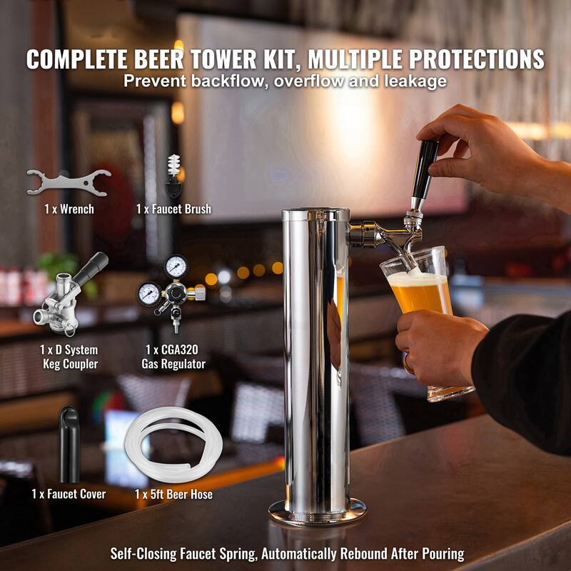 Kegerator Tower Kit, Beer Conversion Kit, Stainless Steel Keg Beer Tower Dispenser with Dual Gauge CGA320 Regulator