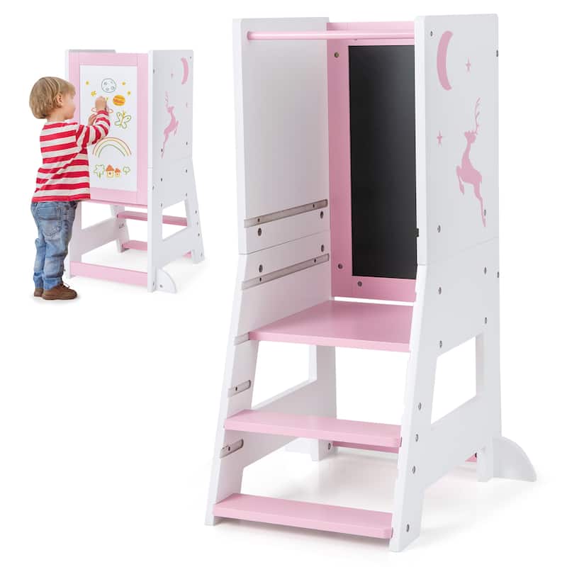 Toddler Kitchen Stool Baby Standing Tower with Chalkboard and Whiteboard - 19.5" x 14.5" x 34.5"
