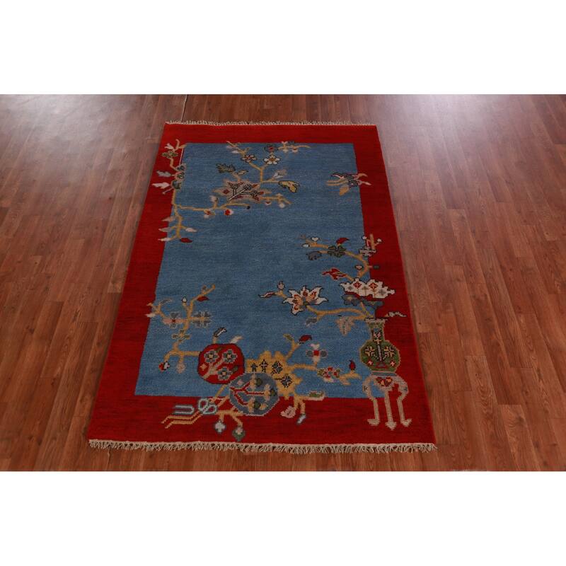Hand Knotted Oriental 100% Wool Carpet Traditional Floral Navy Blue & Blues Art Deco Area Rug - 5' 10'' X 3' 11''