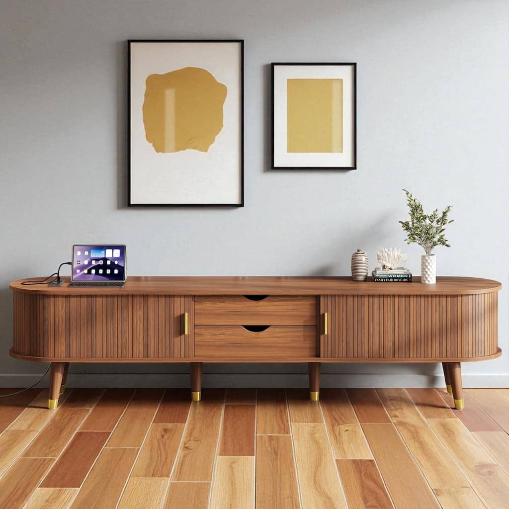 74.8 Inch Wooden Oval Fluted TV Stand with Charging Station, Mid-Century Console with Sliding Tambour Door for TVs Up to 80"