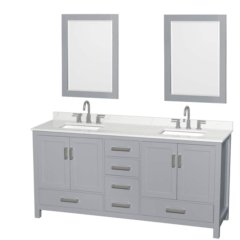 Sheffield 72-inch Double Vanity, 3 Hole Quartz Top, 24-inch Mirrors - Gray, Chrome Trim, Giotto Quartz Top