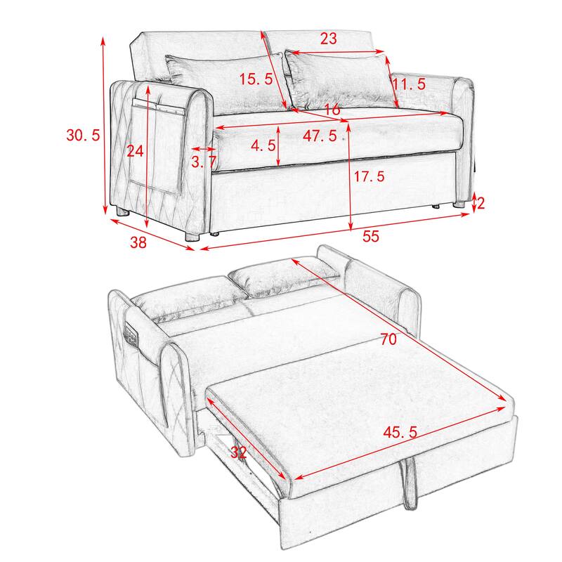 Multifunctional Pull-Out Sofa Bed, Convertible Sleeper Sofa Bed with Storage Bag, Upholstered Armsofa for Bedroom