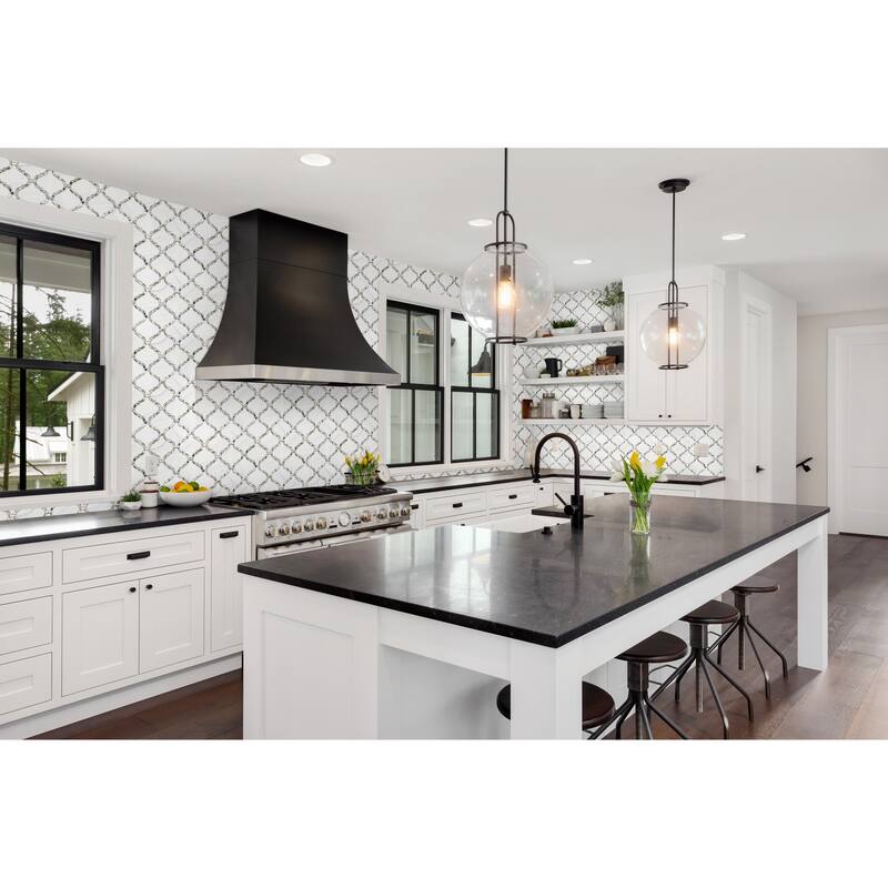 The Tile Life Tahitian Pearl 14x14.5 Statuario Silver Satin Glass Arabesque Mosaic Wall & Backsplash Tile