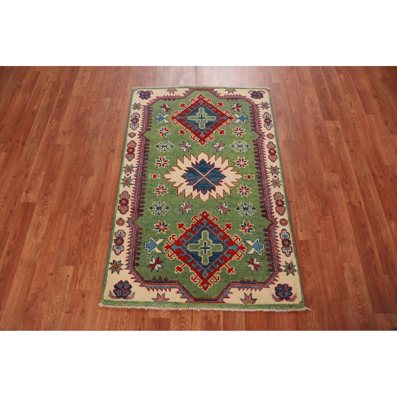Green Kazak Foyer Rug Traditional Handmade Wool Carpet - 2'7"x 4'1"