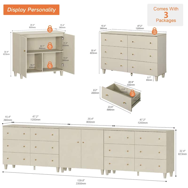 Wood Dresser with 12 Drawers and 1 Cabinet for Bedroom, 130" Wide