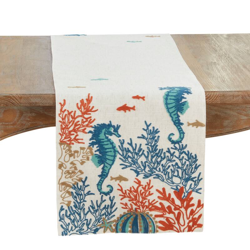 Linen Blend Sea Horse And Coral Table Runner - 16"x70" - Multi - 16"x70"