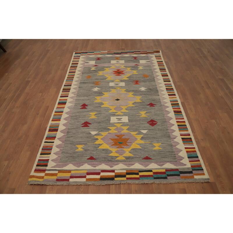 Hand Woven Oriental 100% Wool Carpet Southwestern Tribal Greys & Charcoal Kilim Area Rug - 7' 10'' X 4' 10''
