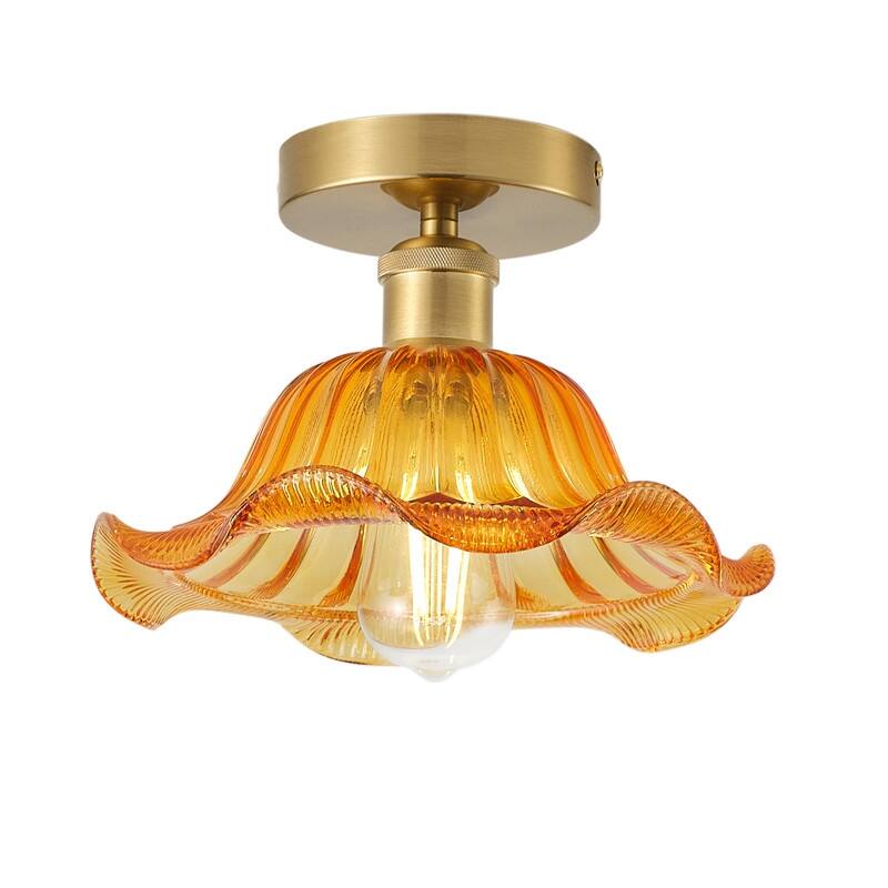 Modern Semi Flushmount Ceiling Light with Gold Tinted Glass and Electroplated Brass Finish
