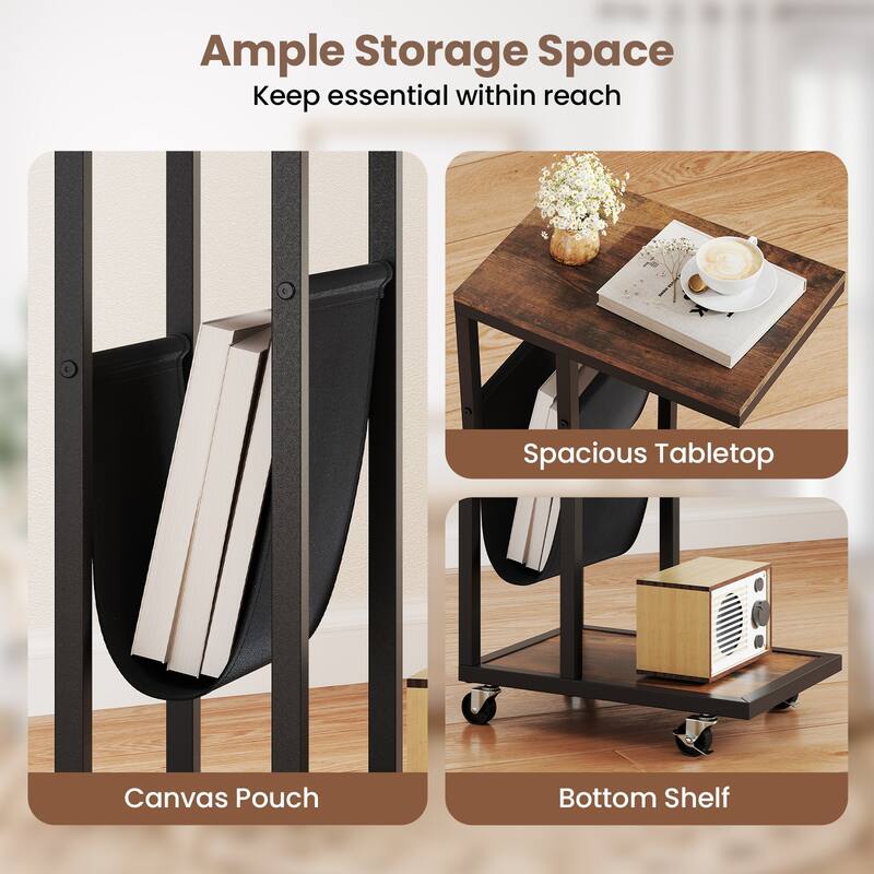 Rustic Brown C Shaped End Table with Wheels and Storage Pouch Metal Frame for Small Rooms - 16" x 11" x 23"