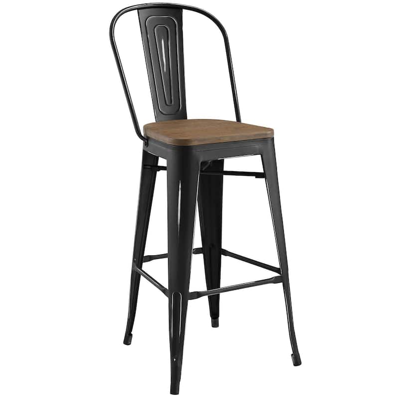 Industrial Modern Steel Bistro Bar Stool With Bamboo Seat in Black