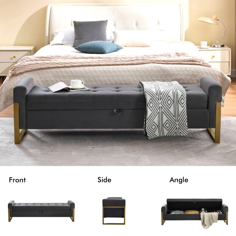 66" Storage Bench for Bedroom End of Bed with Single Lids and Gold Legs