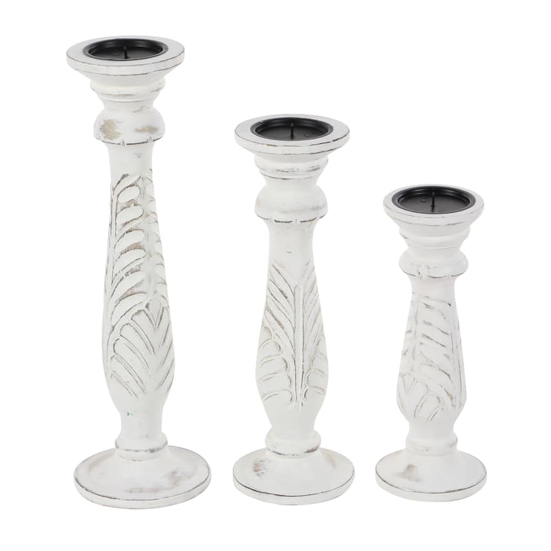 Mango Wood Candle Holder - Set of 3 White - Roche River Decor - 6"W x 6"L x 18"H