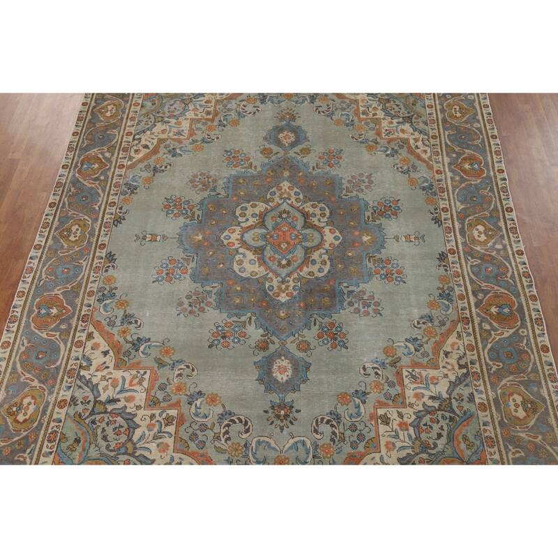 Green Tabriz Vintage Persian Area Rug Hand-Knotted Wool Carpet - 9'7" x 12'9"