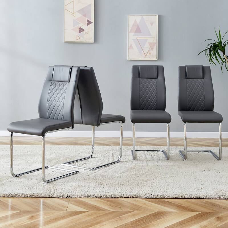 Modern Dining Chairs with Faux Leather Upholstered Seat and Metal Legs, for Kitchen, Living Room, Set of 8, Grey+PU